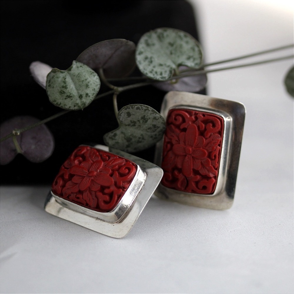 Sajen Sterling Silver 925 Carved Red Floral Cinnabar Style Stud Earrings